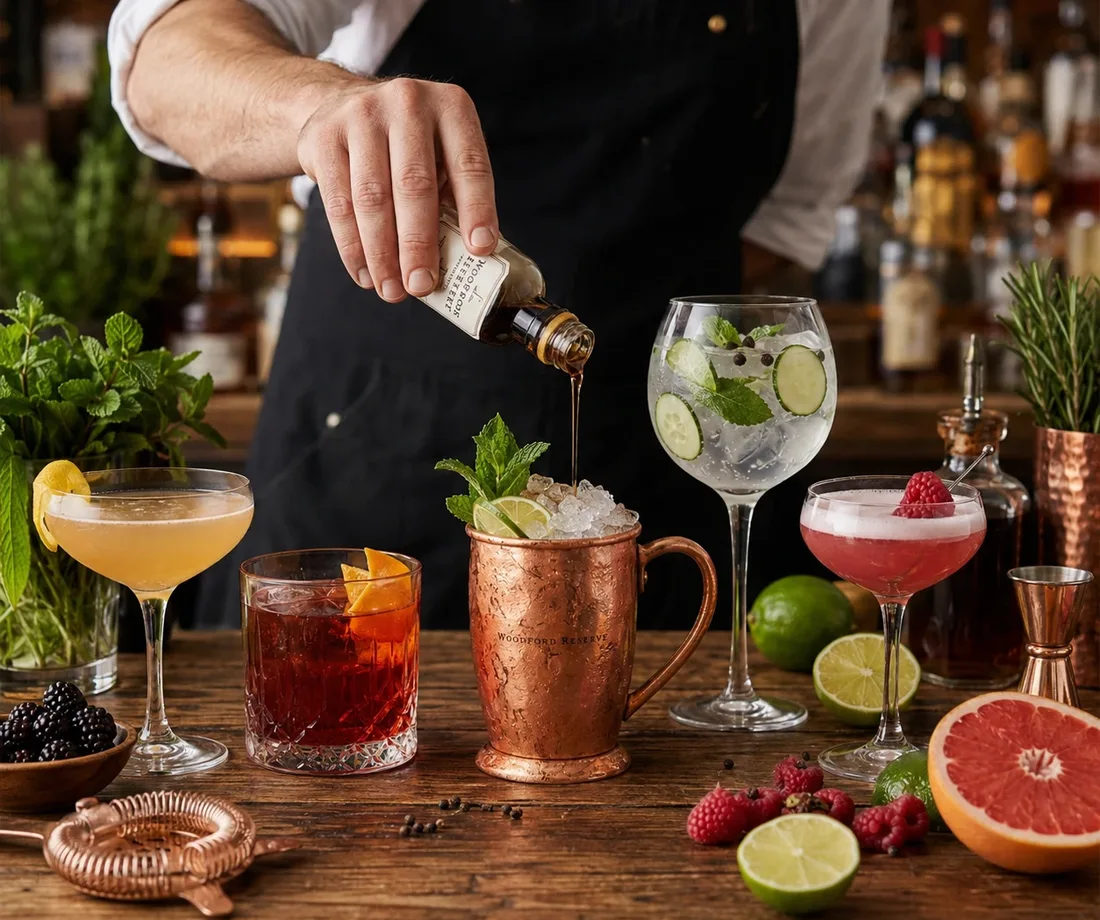 Cocktails and bar tools styled and photographed on a bar top with fresh herbs, citrus and berries.